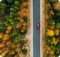 A car drives down a country road during the fall. 